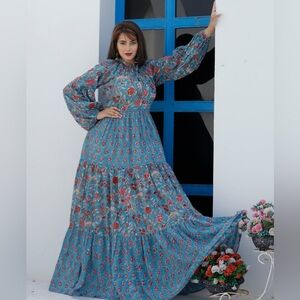 INDO LIBAS RED FLORAL COTTON PRINT MAXI GOWN DRESS BLOOMS IN BLUE NWOT Small